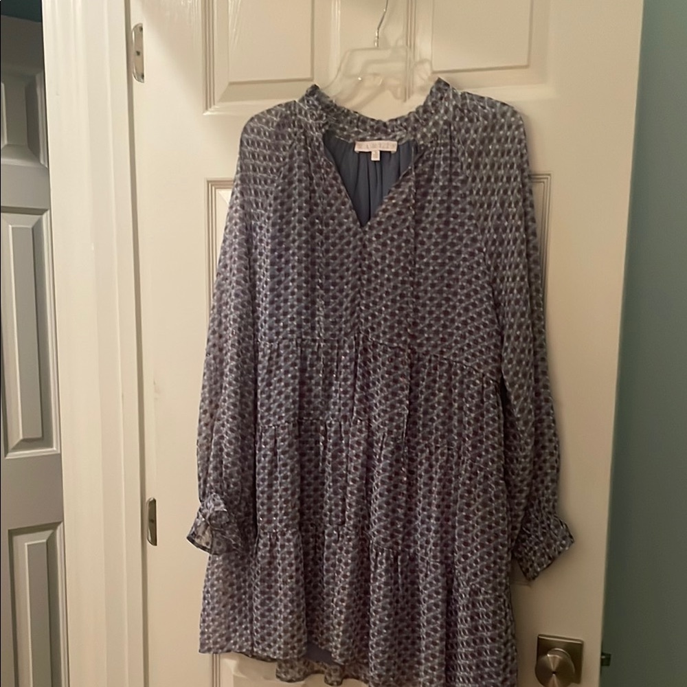 Blue Patterned Long Sleeve Dress